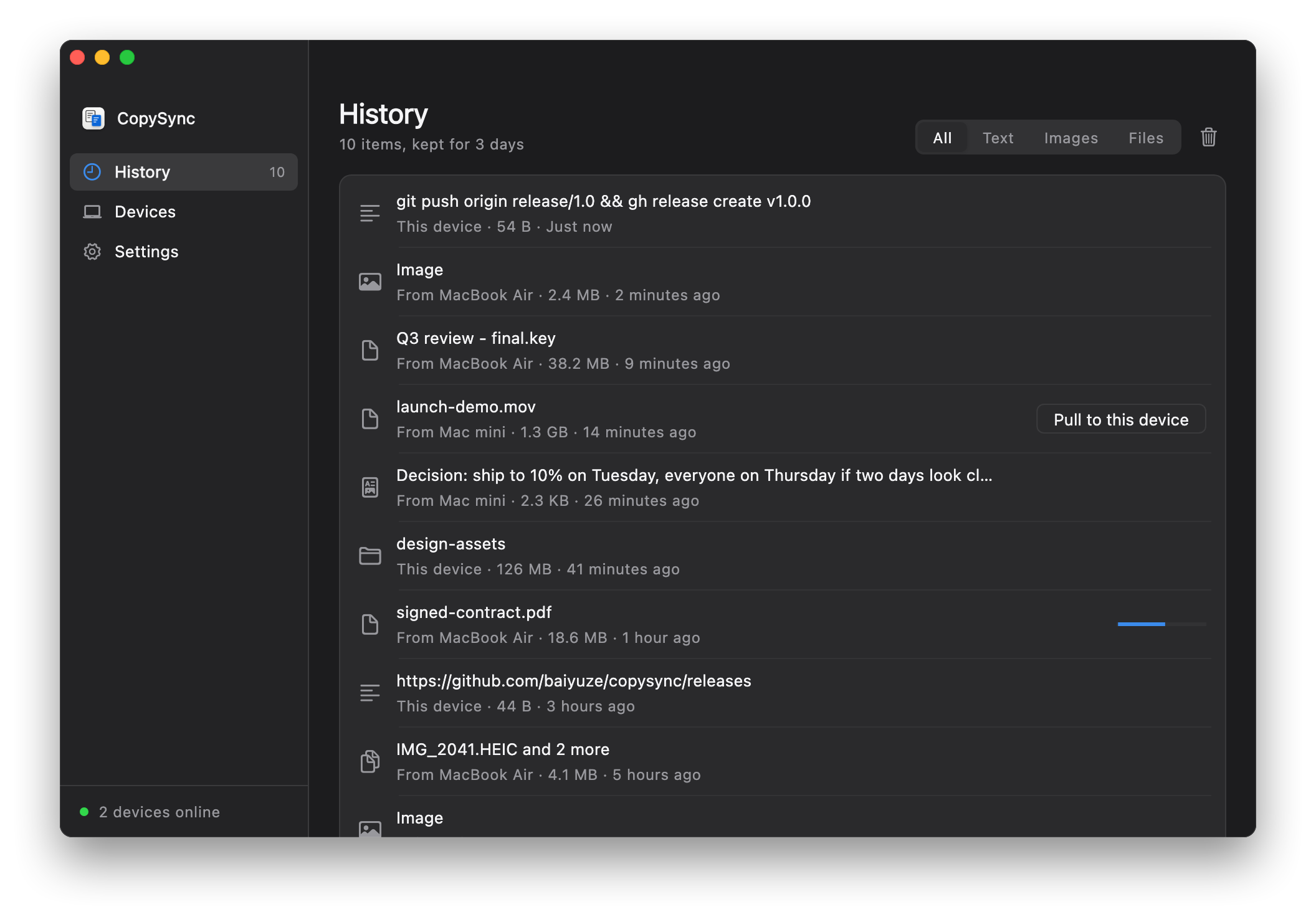 CopySync history: files, images and text from a MacBook Air and a Mac mini; a large file shows a button to pull it to this device
