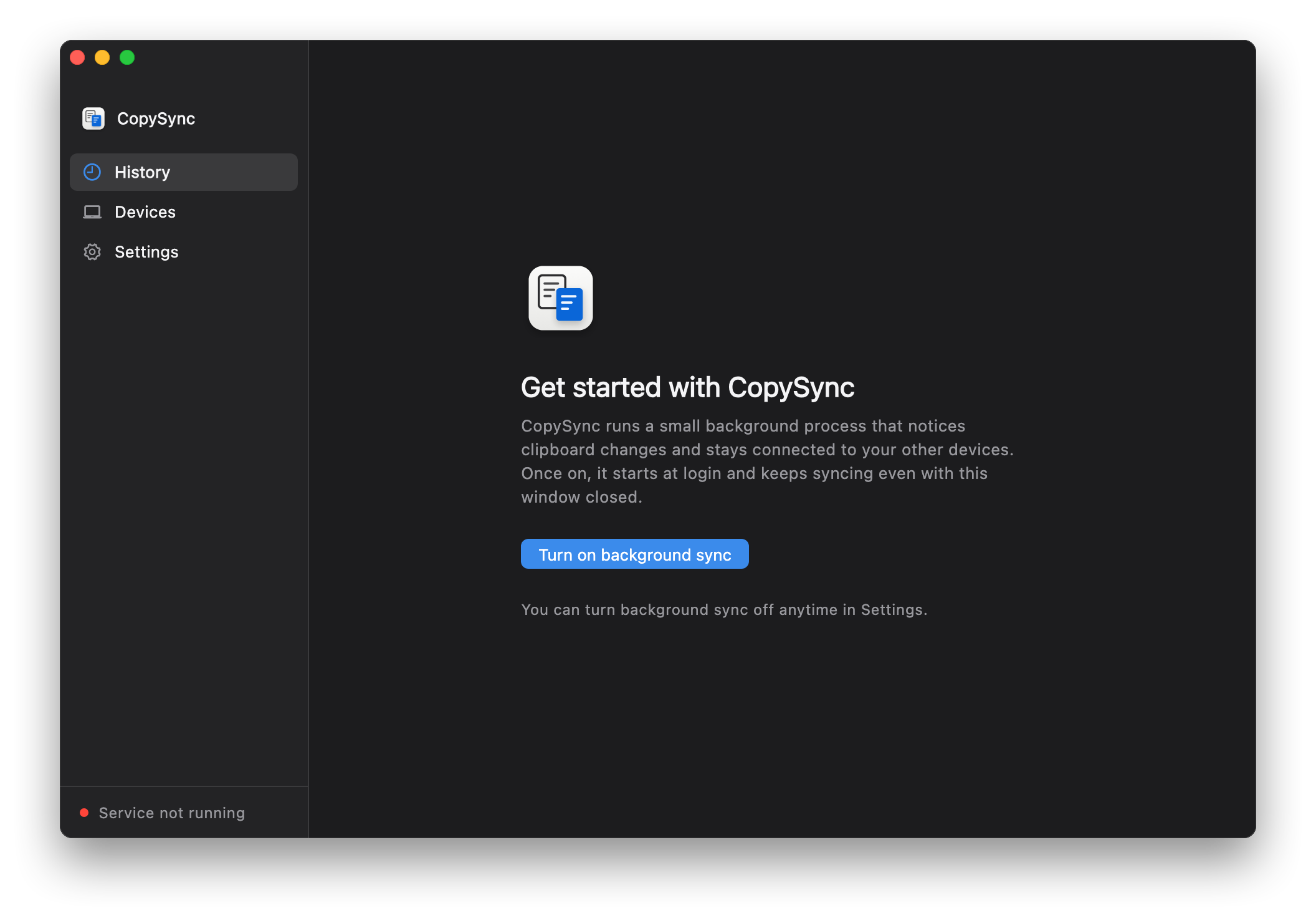 CopySync the first time it opens, asking you to turn on background sync