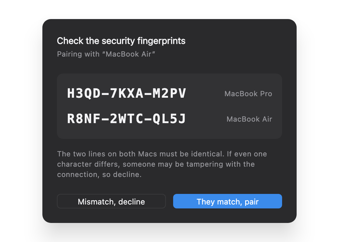 The fingerprint check during pairing shows R8NF-2WTC-QL5J and asks you to confirm it matches the other computer exactly