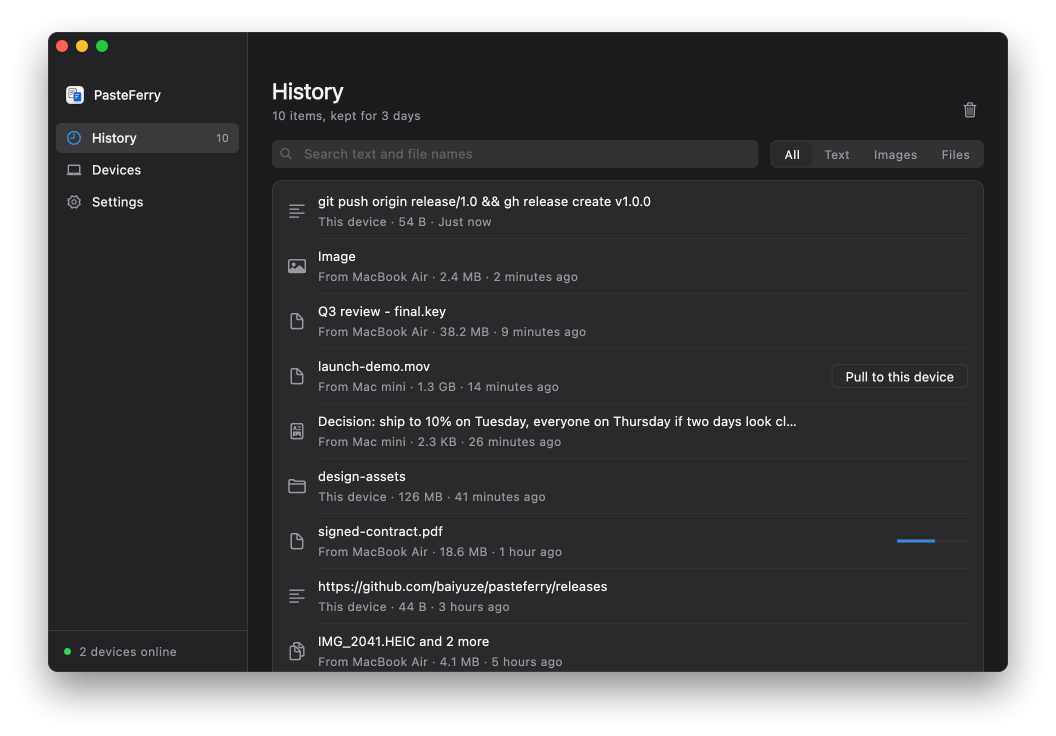 PasteFerry history: files, images and text from a MacBook Air and a Mac mini; a large file shows a button to pull it to this device