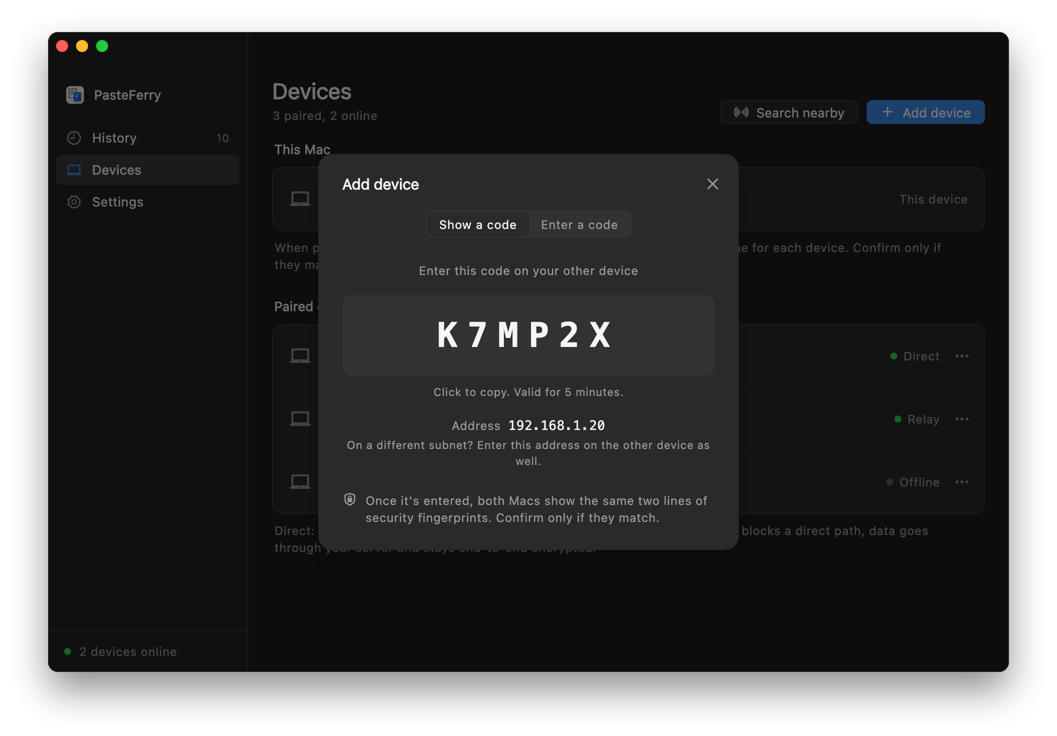 Add device: the pairing code K7MP2X, with this computer's address 192.168.1.20 below it