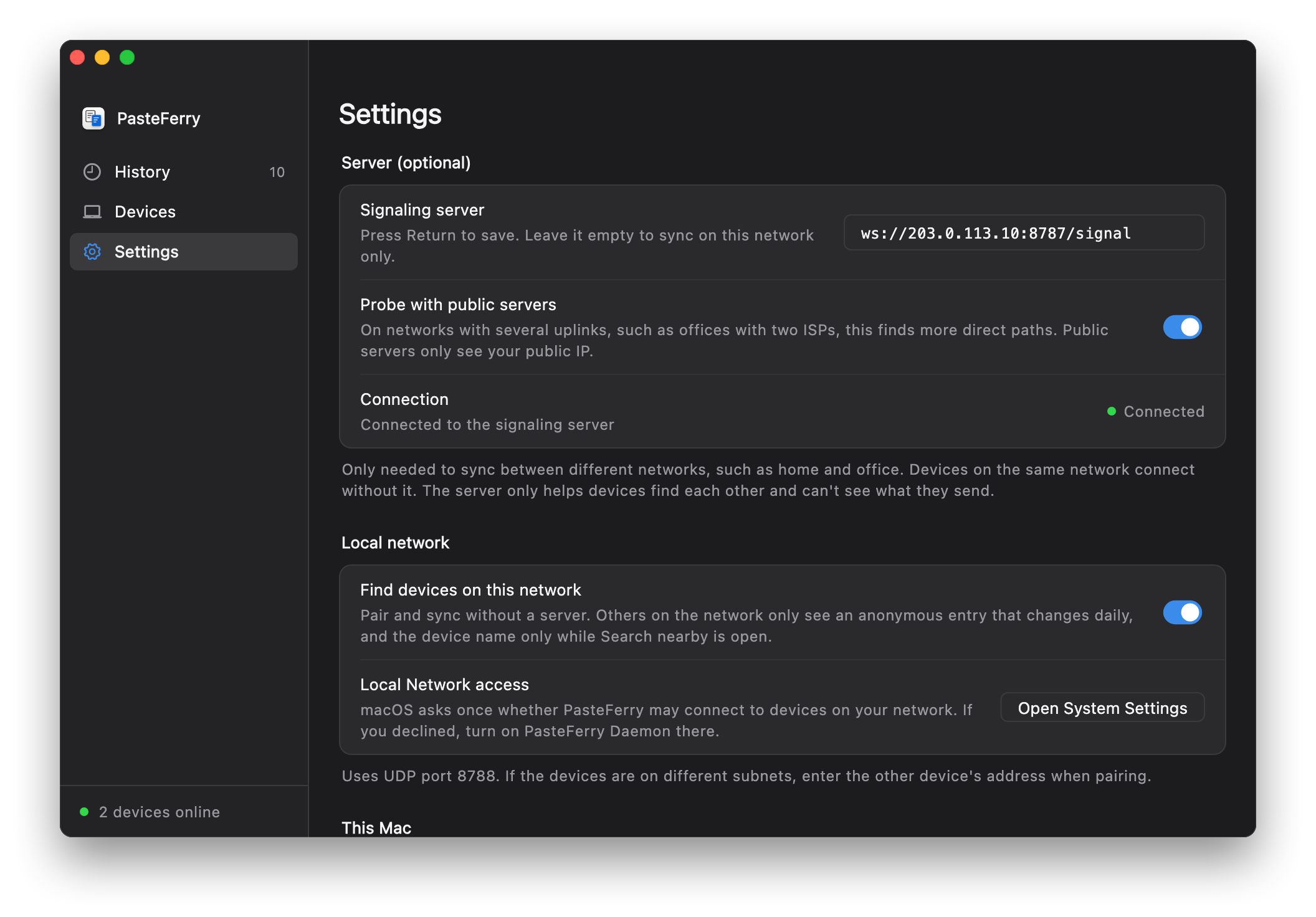 PasteFerry Settings: the signaling server is ws://203.0.113.10:8787/signal and the connection status shows Connected