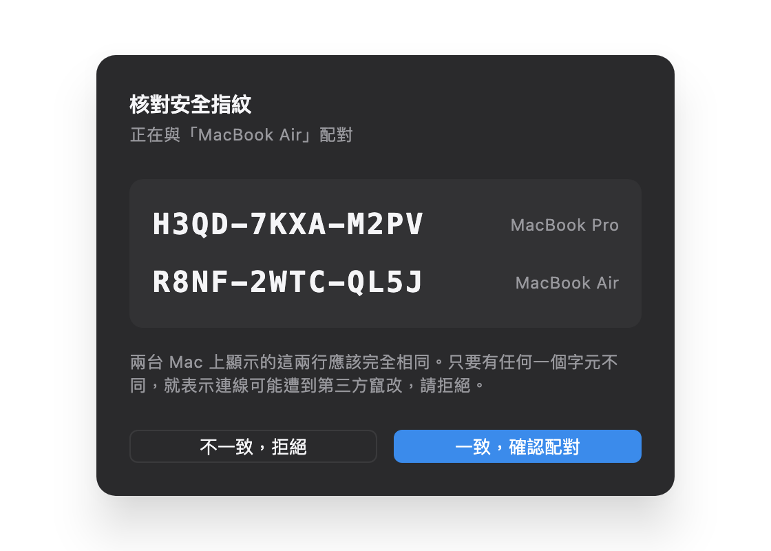 配對時的「核對安全指紋」對話框，顯示 R8NF-2WTC-QL5J，要求與另一台電腦上顯示的完全一致